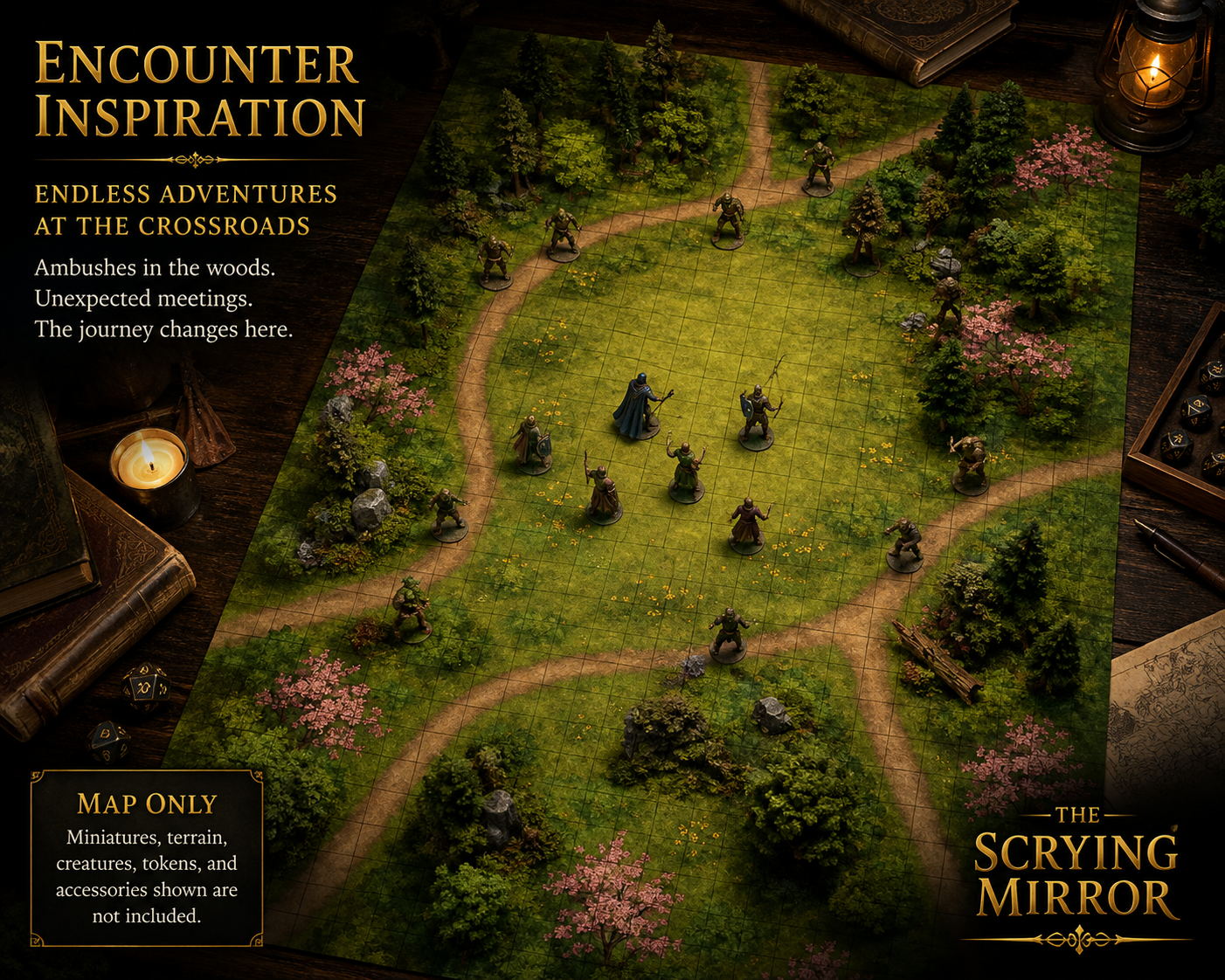 Forest Crossroads — 24×36 Gridded TTRPG Battle Map